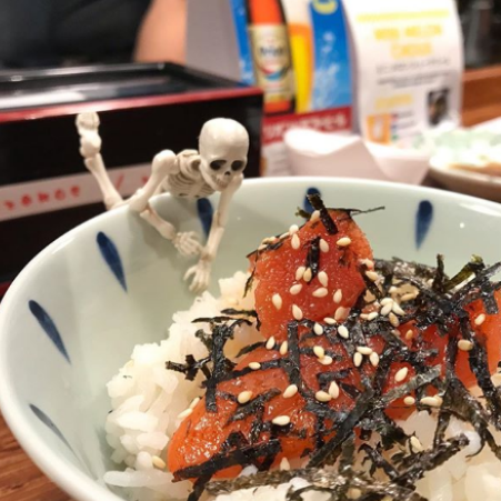foto de um prato chamado mentaiko acompanhado de arroz japonês, e uma mini caveira chamada kaverilson